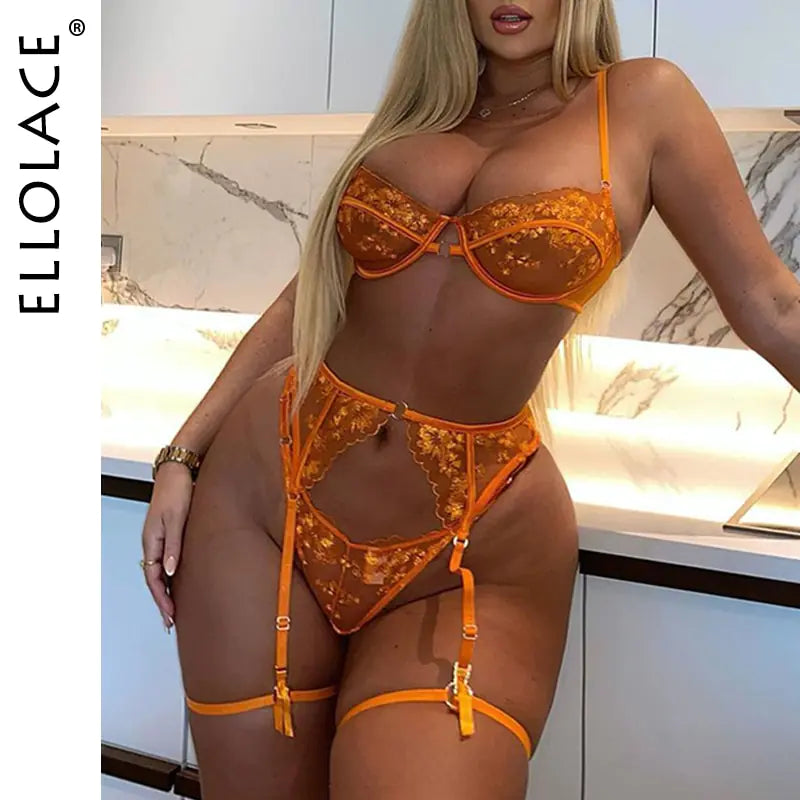 Ellolace Ensemble de lingerie brodée en dentelle orange – Soutien-gorge et string sexy en maille transparente 3 pièces