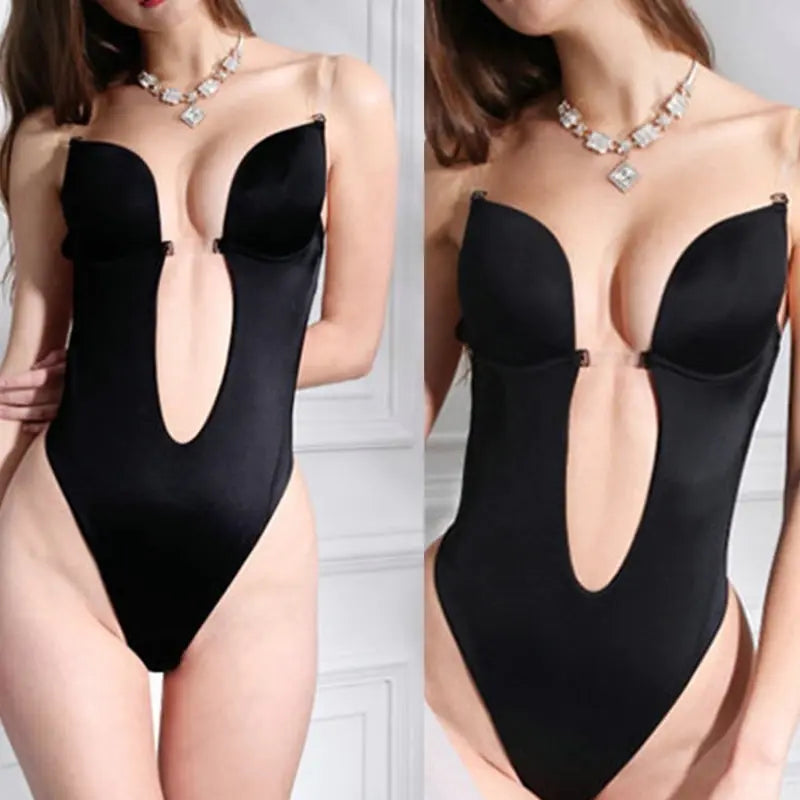 Body Sexy pour femmes, plongeant en U, dos nu, décolleté en v profond, sans couture, bas tanga, sous-vêtements rembourrés, Push Up, gaine amincissante, haut pour M6CD