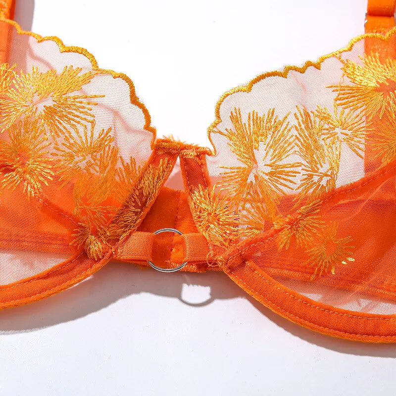 Ellolace Ensemble de lingerie brodée en dentelle orange – Soutien-gorge et string sexy en maille transparente 3 pièces