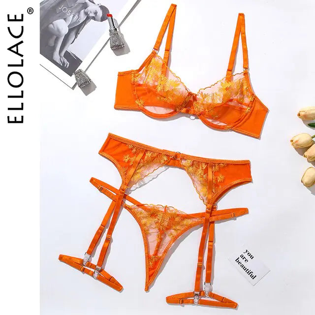 Ellolace Ensemble de lingerie brodée en dentelle orange – Soutien-gorge et string sexy en maille transparente 3 pièces