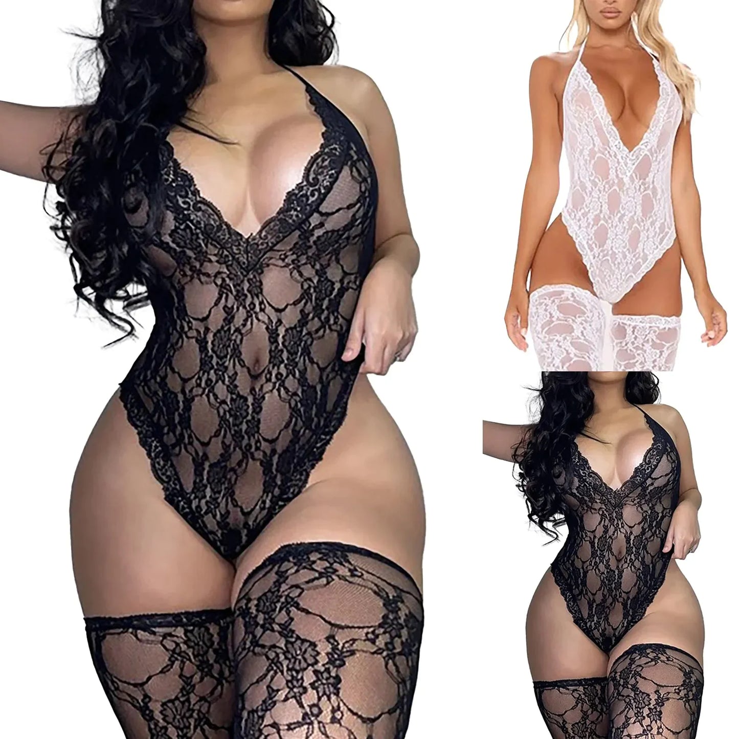 Lingerie Sexy, body dentelle et bas assortis, Vêtements De Nuit Babydoll