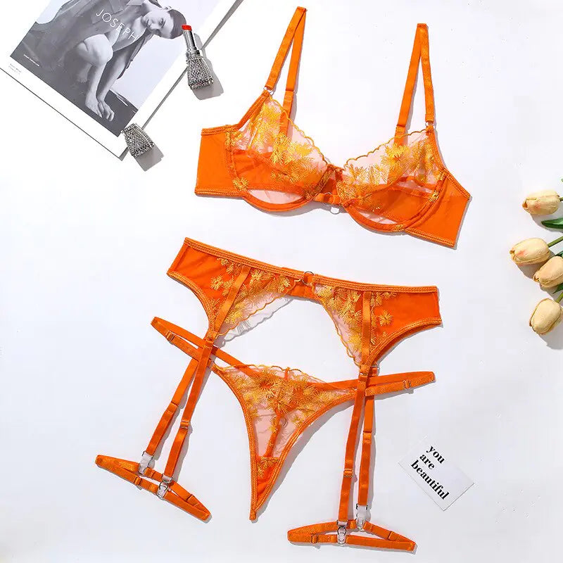 Ellolace Ensemble de lingerie brodée en dentelle orange – Soutien-gorge et string sexy en maille transparente 3 pièces